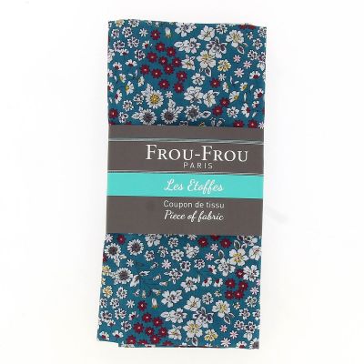 Coupon Tissu Fleuri 110x50cm 100% Coton turquoise foncé