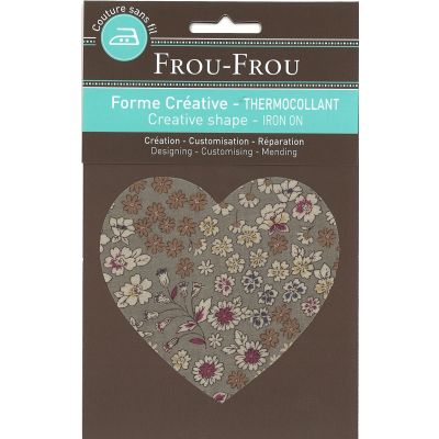 Coeur Thermocollant Frou-Frou 10x10cm Fleuri Gris