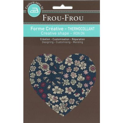 Coeur Thermocollant Frou-Frou 10x10cm Fleuri Bleu marine