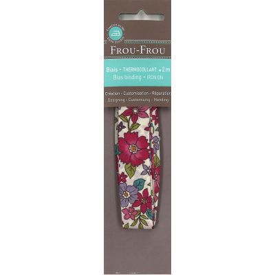 Biais thermocollant Frou-Frou 20mmx2m tissu Fleuri Bordeaux grandes fleurs