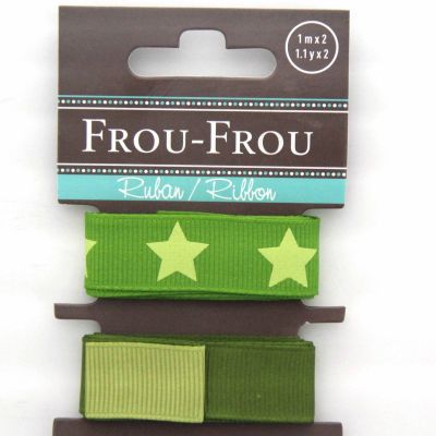ASSORTIMENT 2 RUBANS GROS GRAIN UNI REVERSIBLE/ETOILE 16MM - Vert / Kaki