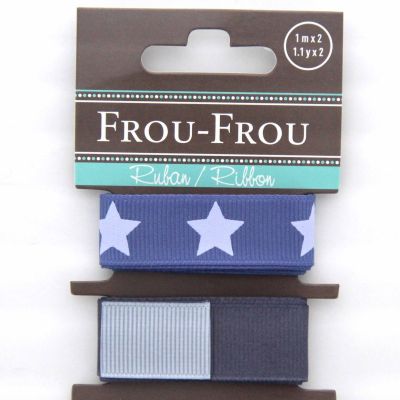 ASSORTIMENT 2 RUBANS GROS GRAIN UNI REVERSIBLE/ETOILE 16MM - Bleu