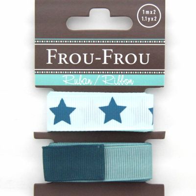 ASSORTIMENT 2 RUBANS GROS GRAIN UNI REVERSIBLE/ETOILE 16MM - Lagon