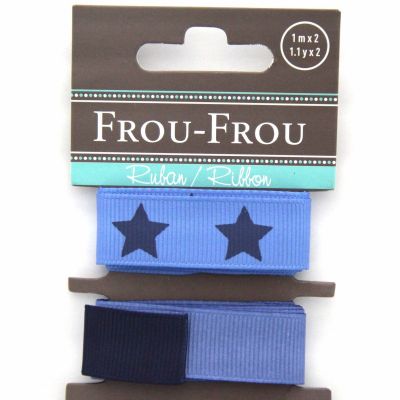 ASSORTIMENT 2 RUBANS GROS GRAIN UNI REVERSIBLE/ETOILE 16MM - Bleu