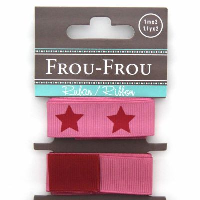 ASSORTIMENT 2 RUBANS GROS GRAIN UNI REVERSIBLE/ETOILE 16MM - Rose / Rouge
