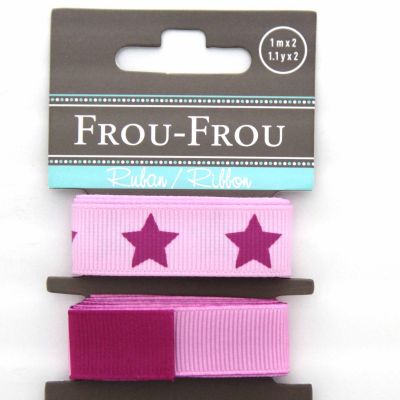 ASSORTIMENT 2 RUBANS GROS GRAIN UNI REVERSIBLE/ETOILE 16MM - Rose/Fushia