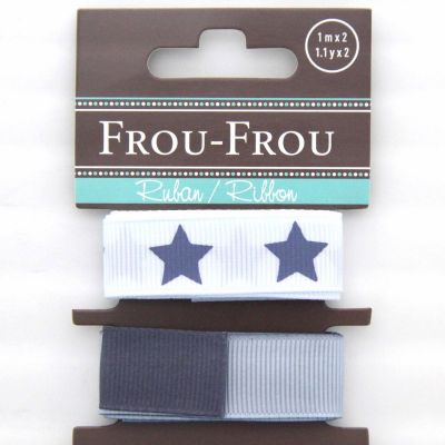 ASSORTIMENT 2 RUBANS GROS GRAIN UNI REVERSIBLE/ETOILE 16MM - Lagon/Bleu