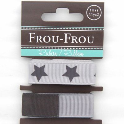 ASSORTIMENT 2 RUBANS GROS GRAIN UNI REVERSIBLE/ETOILE 16MM - Gris clair