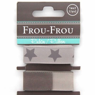ASSORTIMENT 2 RUBANS GROS GRAIN UNI REVERSIBLE/ETOILE 16MM - Gris