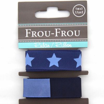 ASSORTIMENT 2 RUBANS GROS GRAIN UNI REVERSIBLE/ETOILE 16MM - Marine / Bleu
