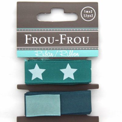 ASSORTIMENT 2 RUBANS GROS GRAIN UNI REVERSIBLE/ETOILE 16MM - Turquoise