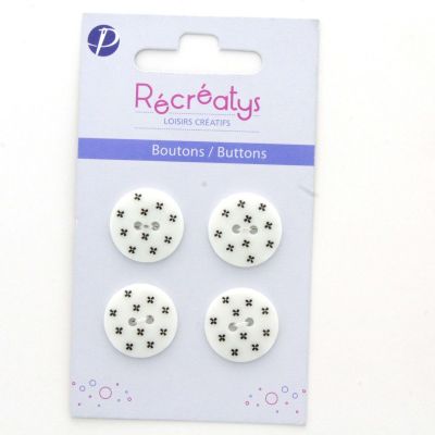 Carte de 4 ou 3 boutons (selon taille) 2 trous Fleurs Blanc noir