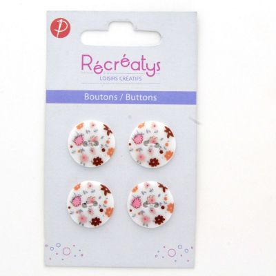Carte de 4 ou 3 boutons (selon taille) 2 trous Fleuris Blanc rose