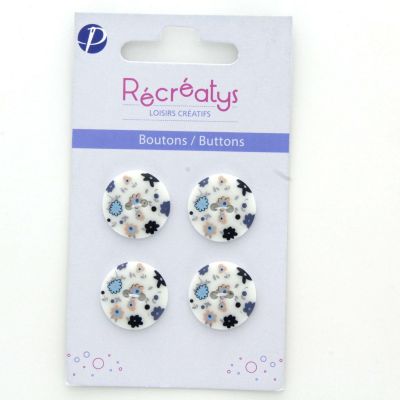 Carte de 4 ou 3 boutons (selon taille) 2 trous Fleuris Blanc Bleu