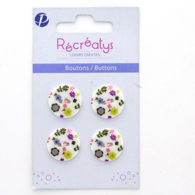 Carte de 4 ou 3 boutons (selon taille) 2 trous Fleuris Blanc Parme