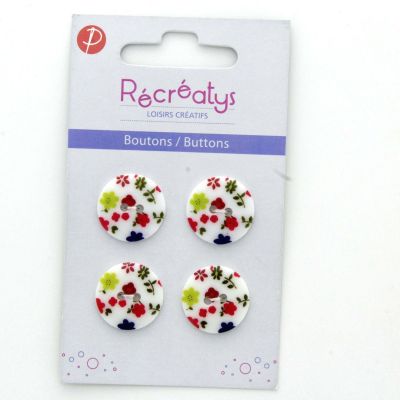 Carte de 4 ou 3 boutons (selon taille) 2 trous Fleuris Blanc Rouge