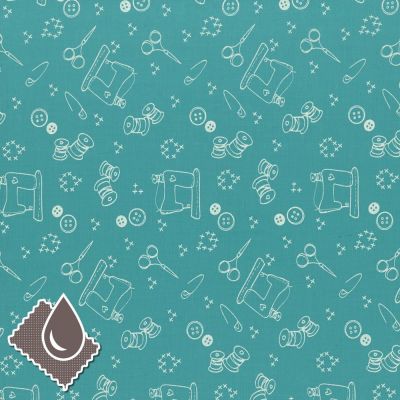 TISSU FROU-FROU Enduit I Love Couture Ustensile Turquoise foncé Laize de 150cm - PRIX AU METRE